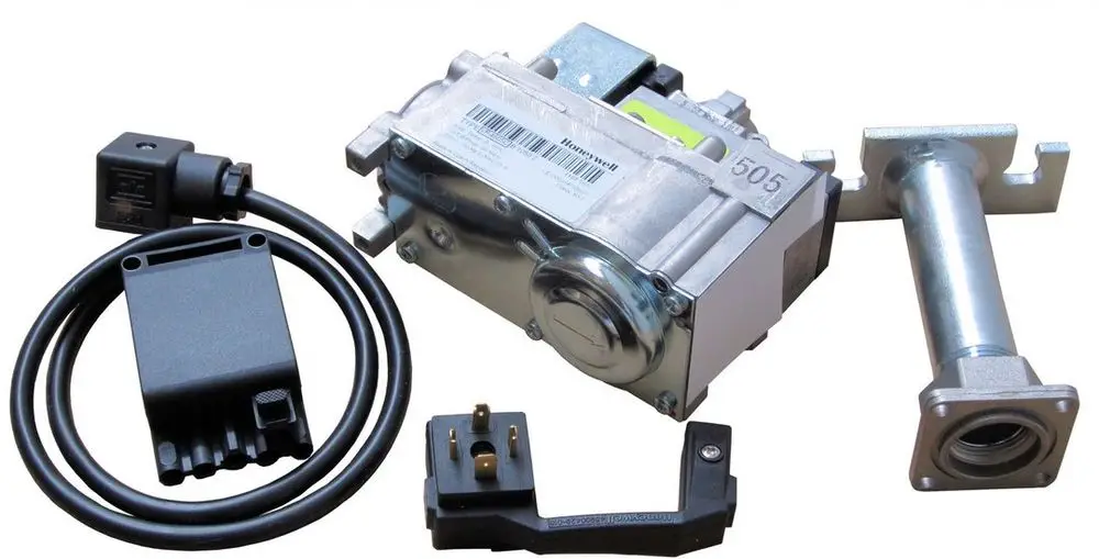 Bosch Umrüstset mit Motor, Steuergerät, Kabel und Adapter für Heizungsanwendungen. Komponenten in Metall und Kunststoff.